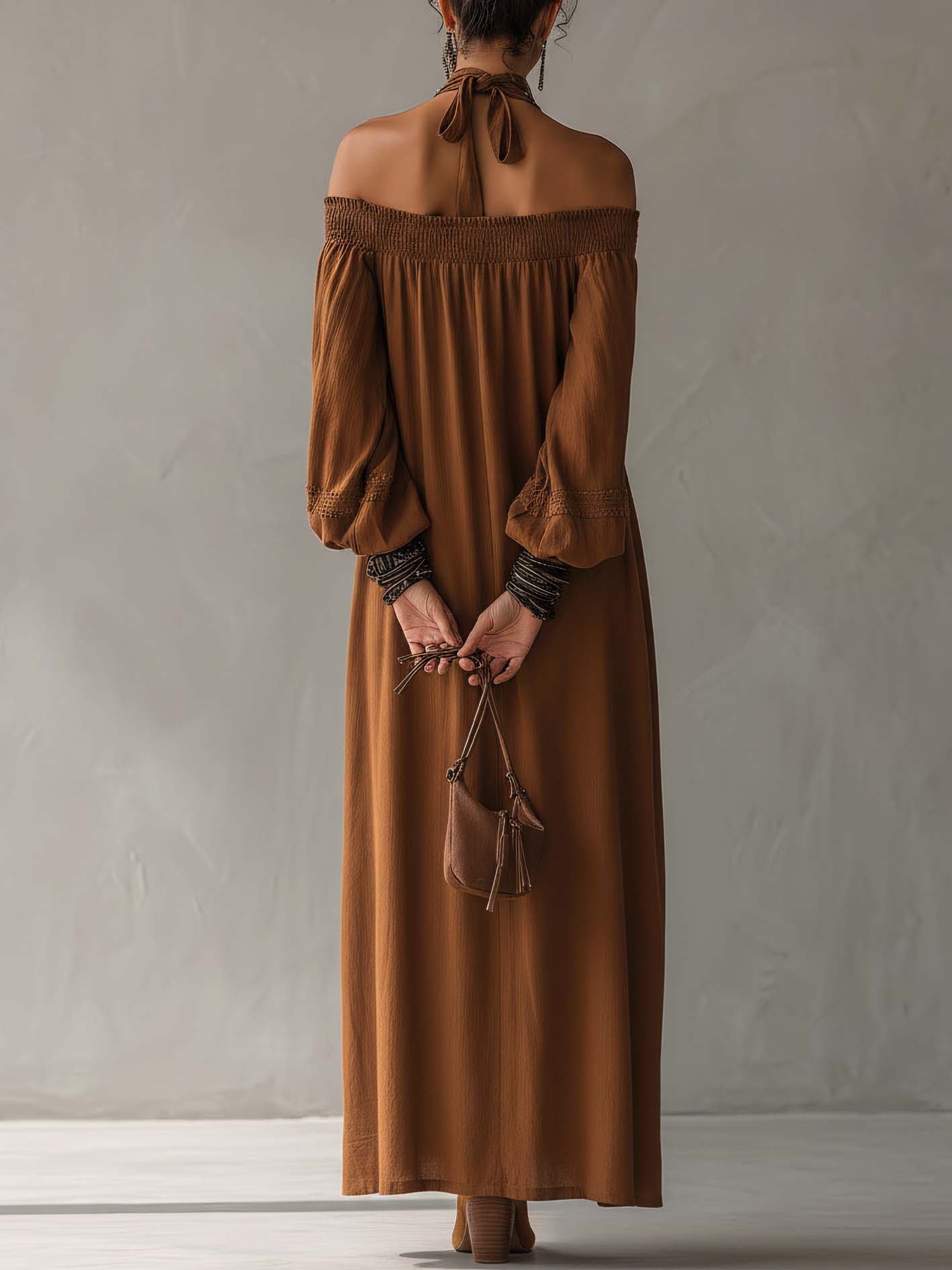 Halter Neck Maillard Brown Cotton Linen Maxi Dress
