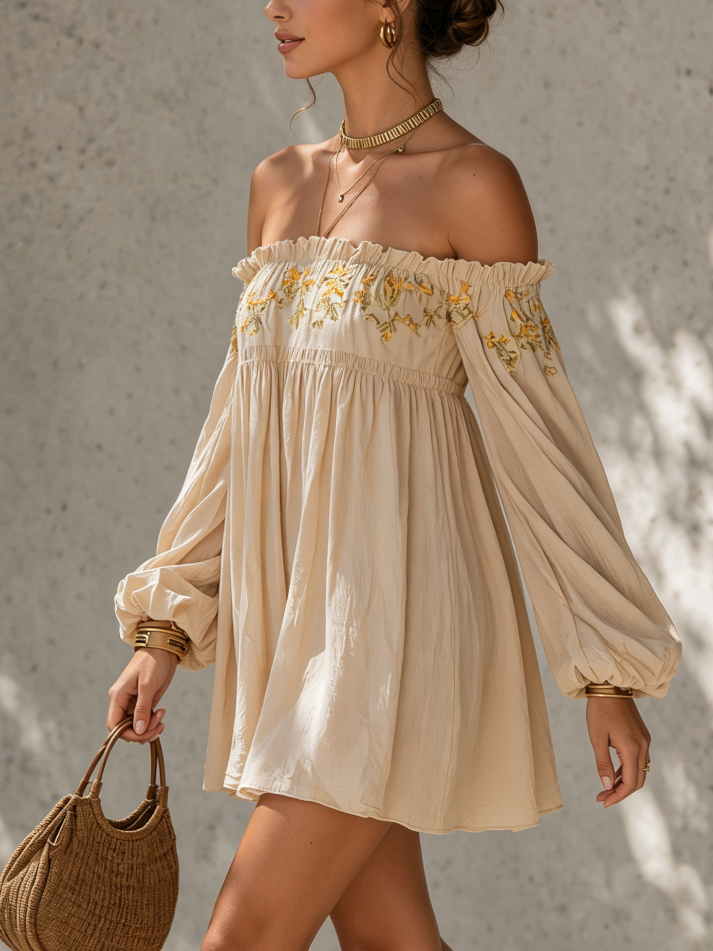Beige Off Shoulder Floral Embroidered Ruffled Cotton Linen Mini Dress