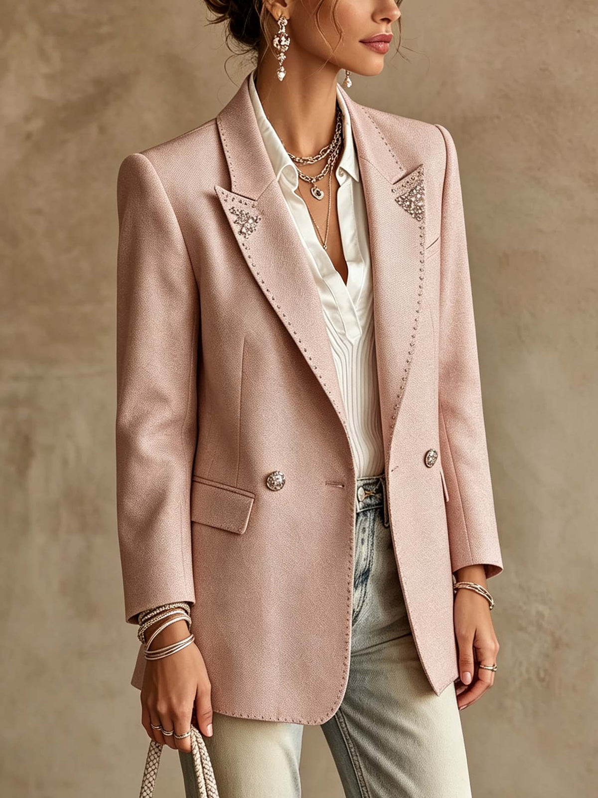 Pink Rhinestone Embellished Two-Button Tailored Blazer