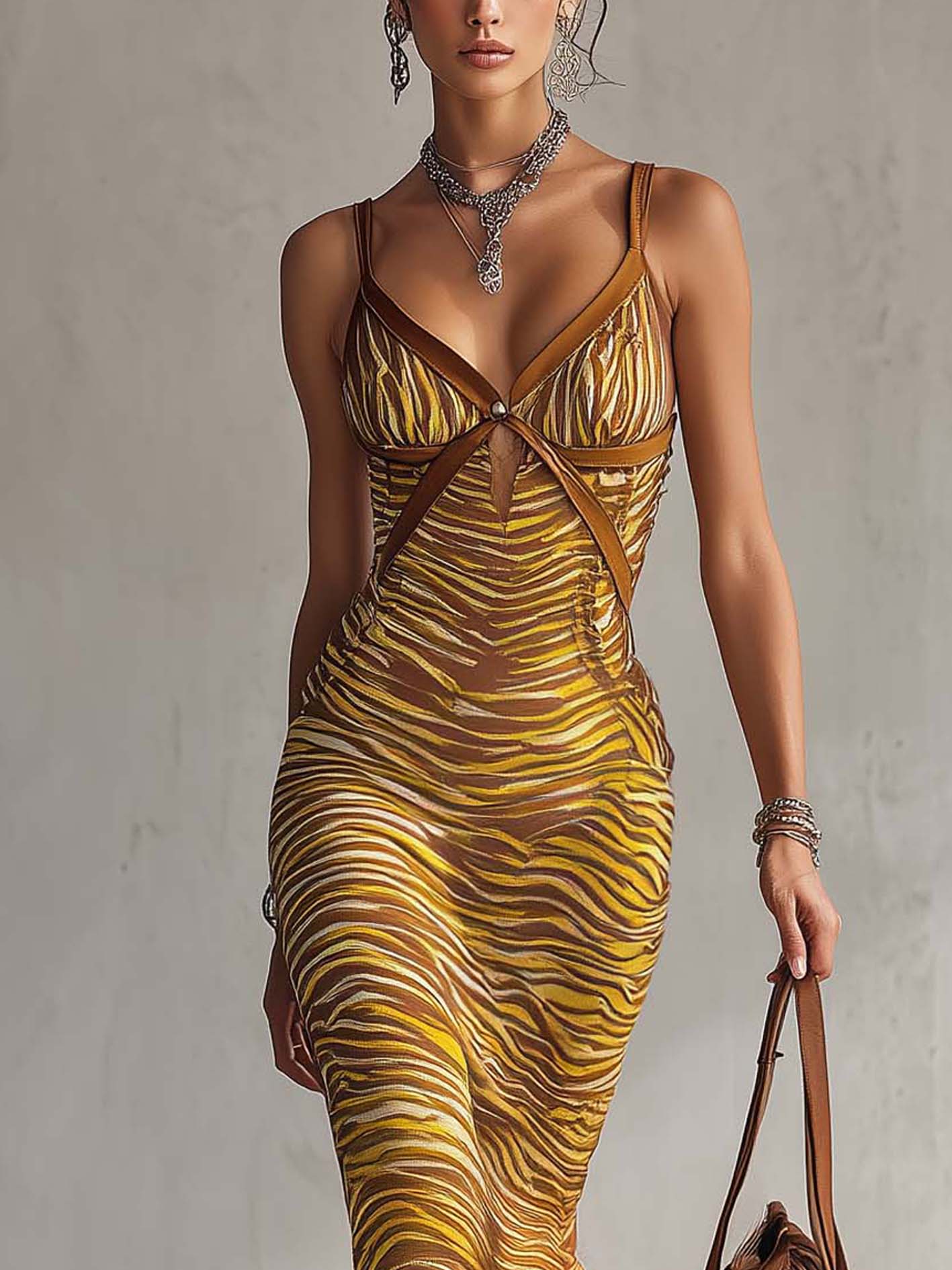 Brown Yellow Zebra Print Bodycon Fringe Dress
