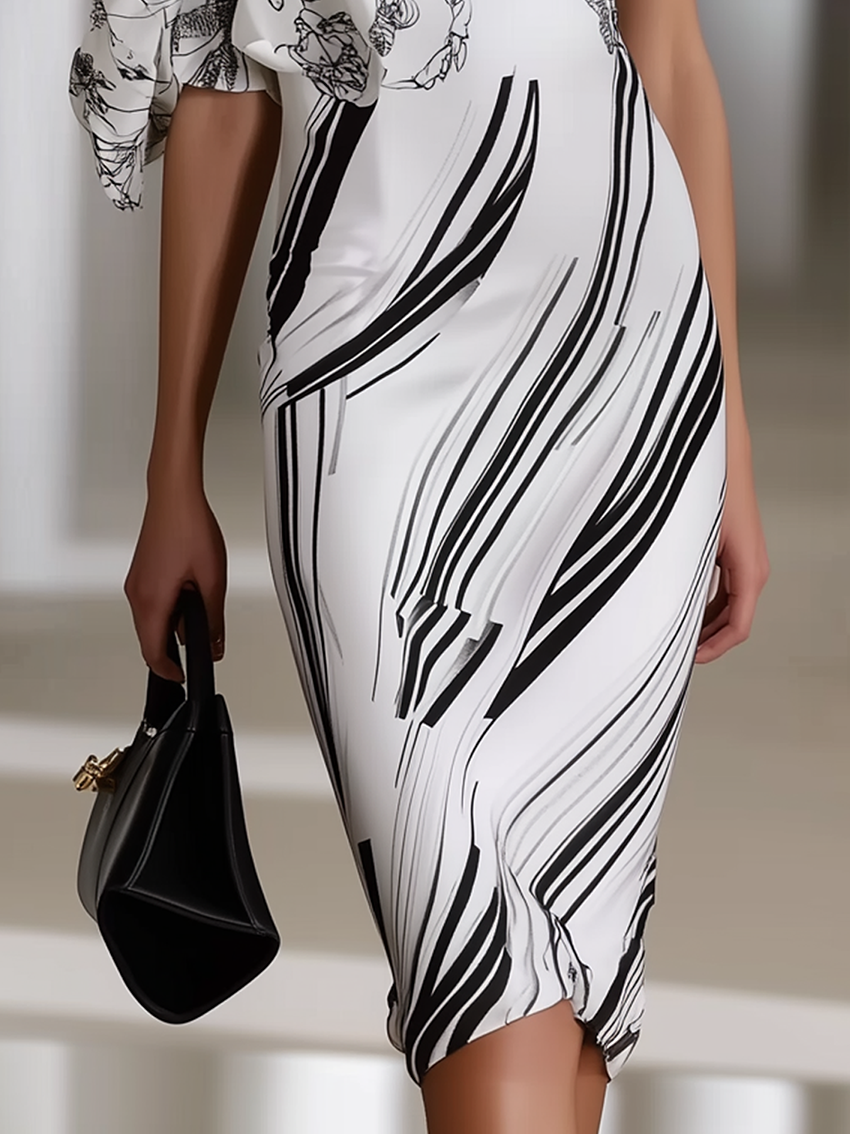 One Shoulder White Midi Bodycon Dress With Flower And Stripe Print