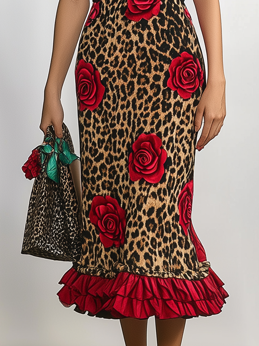 Leopard And Rose Print Midi Bodycon Dress With Ruffles