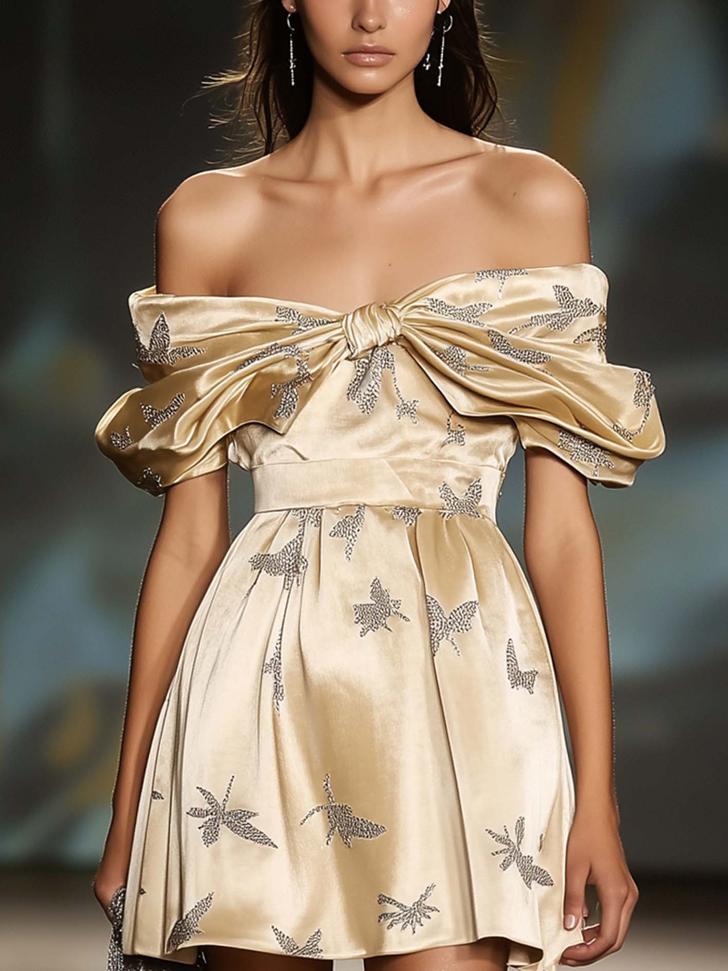 Off Shoulder Beige Mini Dress With Twist Neckline