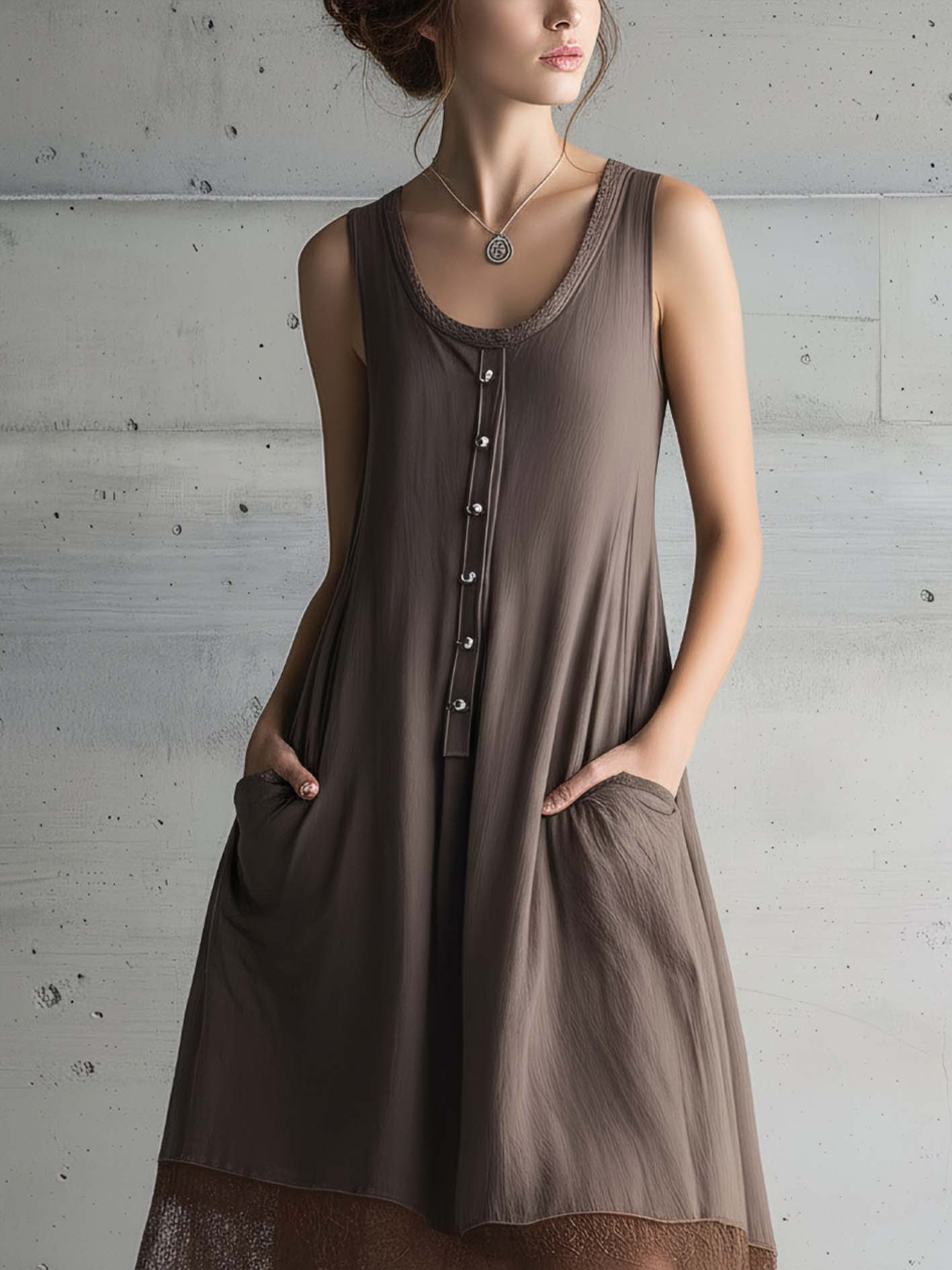 Chocolate Brown Patchwork Lace Sleeveless Irregular Hem Cotton Linen Midi Dress