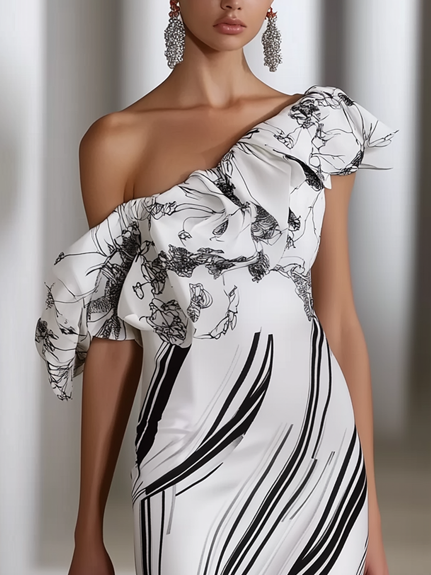 One Shoulder White Midi Bodycon Dress With Flower And Stripe Print