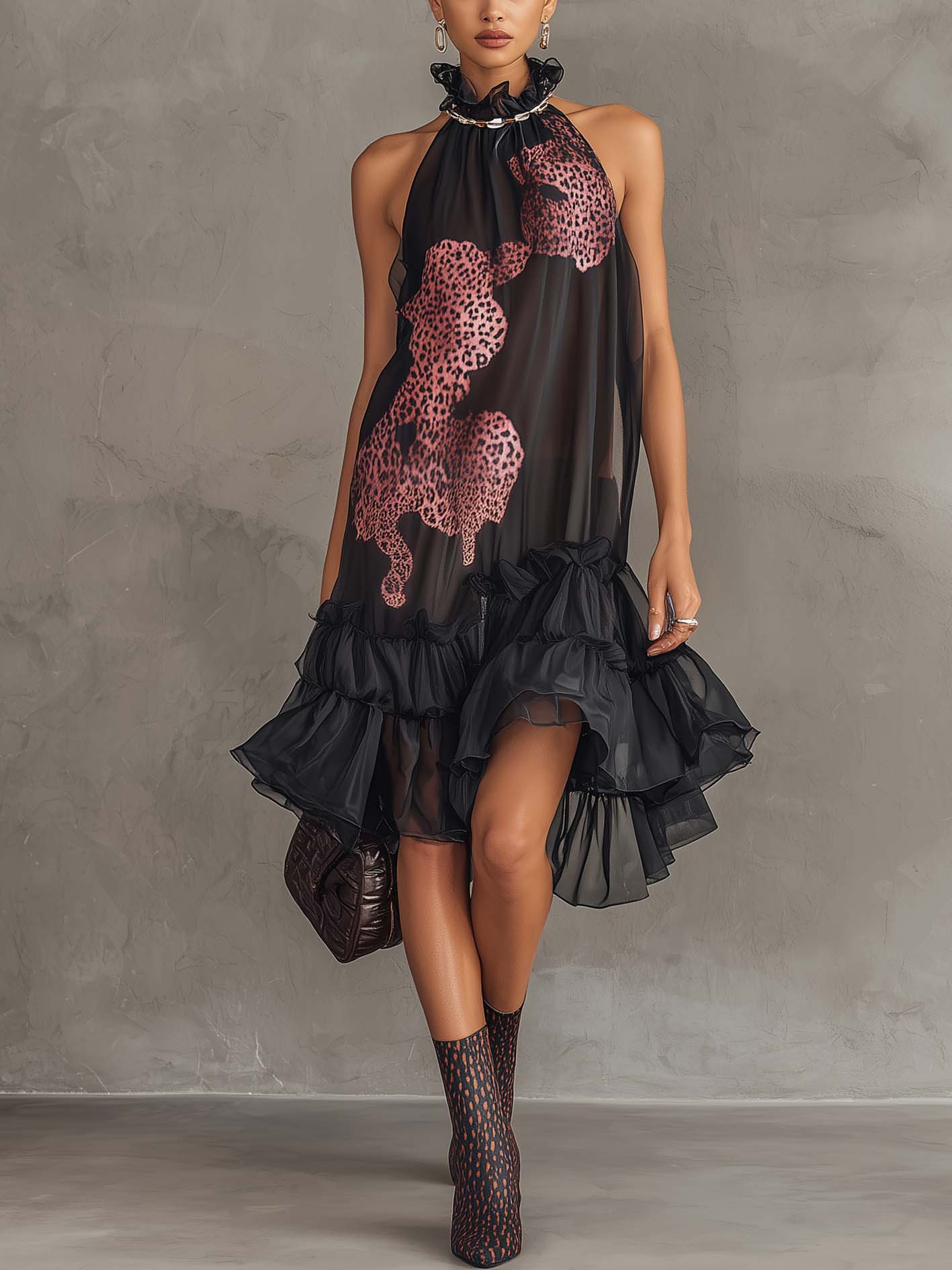 Black Chiffon Ruffled Asymmetric Leopard Midi Dress