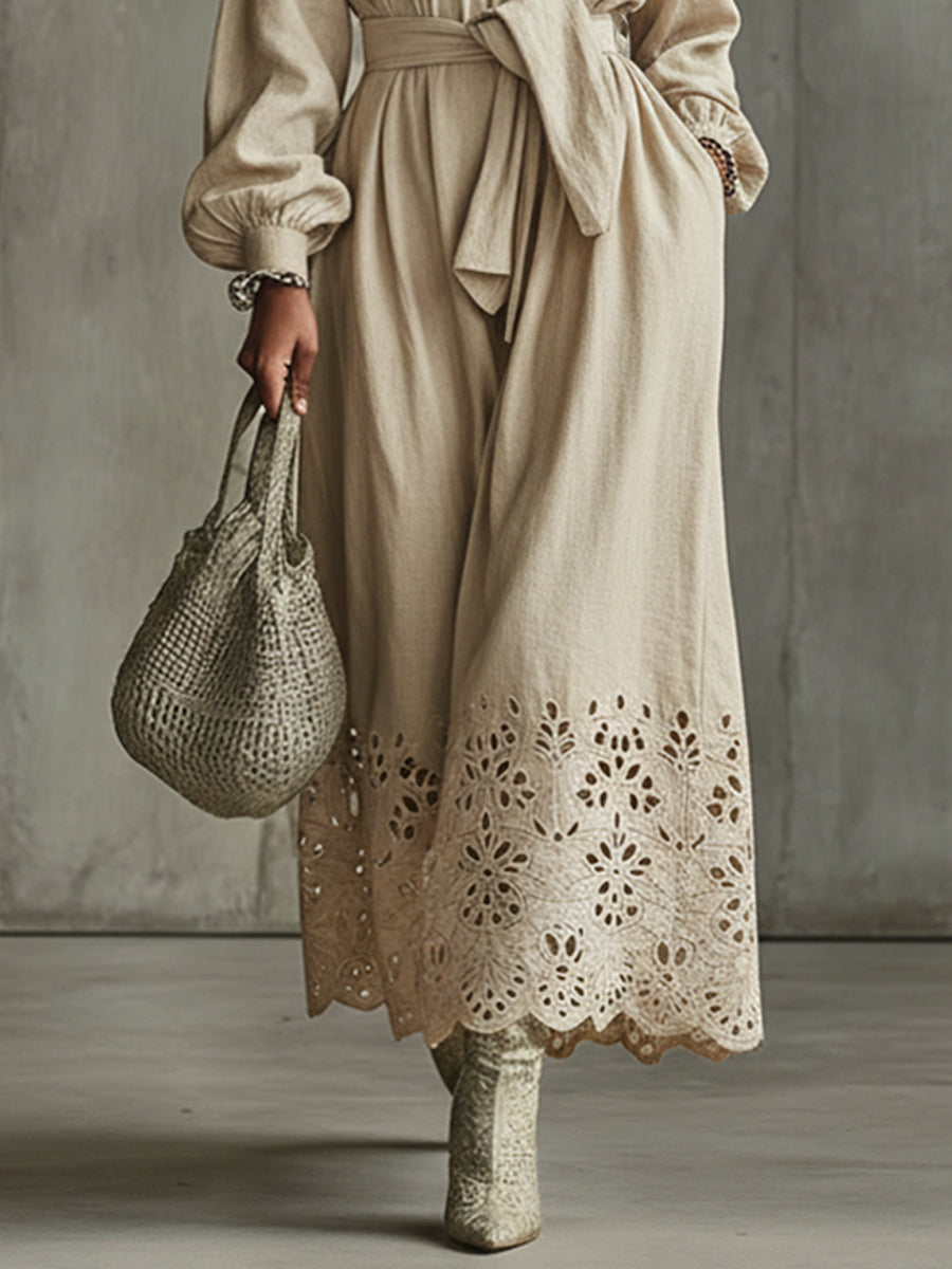 Beige Embroidered Cotton Linen Tie Waist Maxi Dress