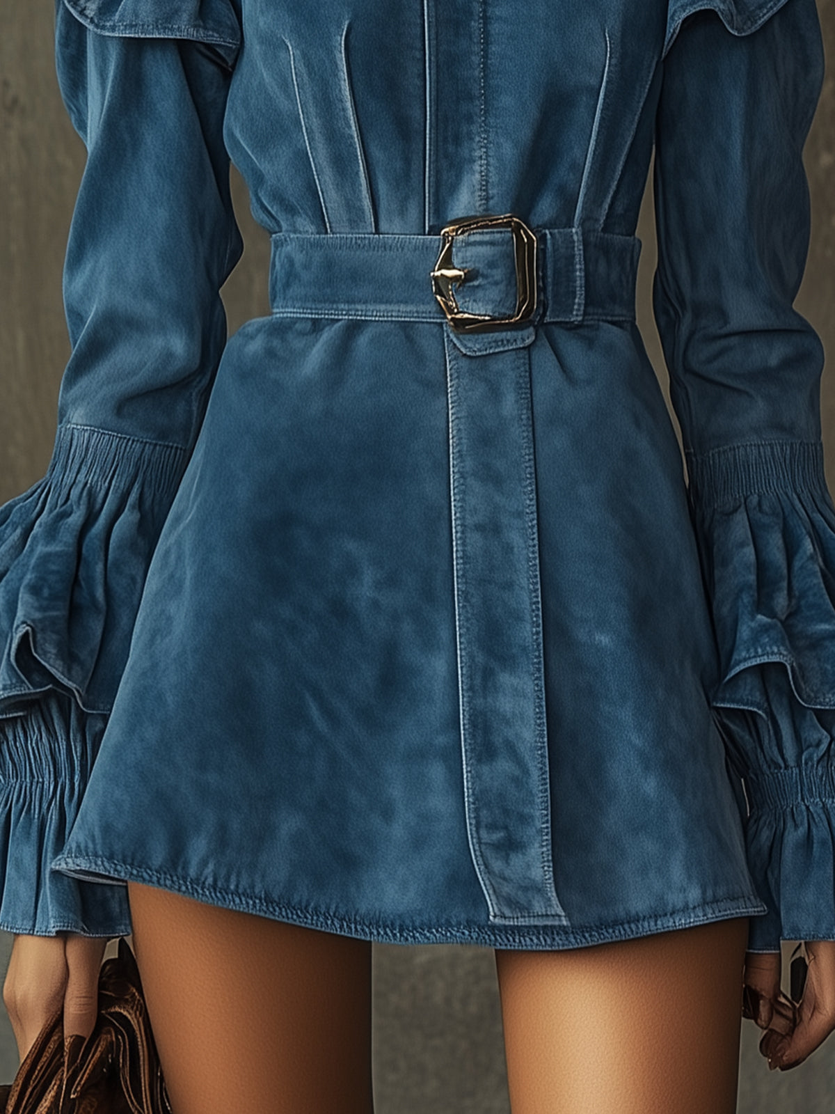 Blue Ruffled Sleeve Belted Faux Suede Mini Dress