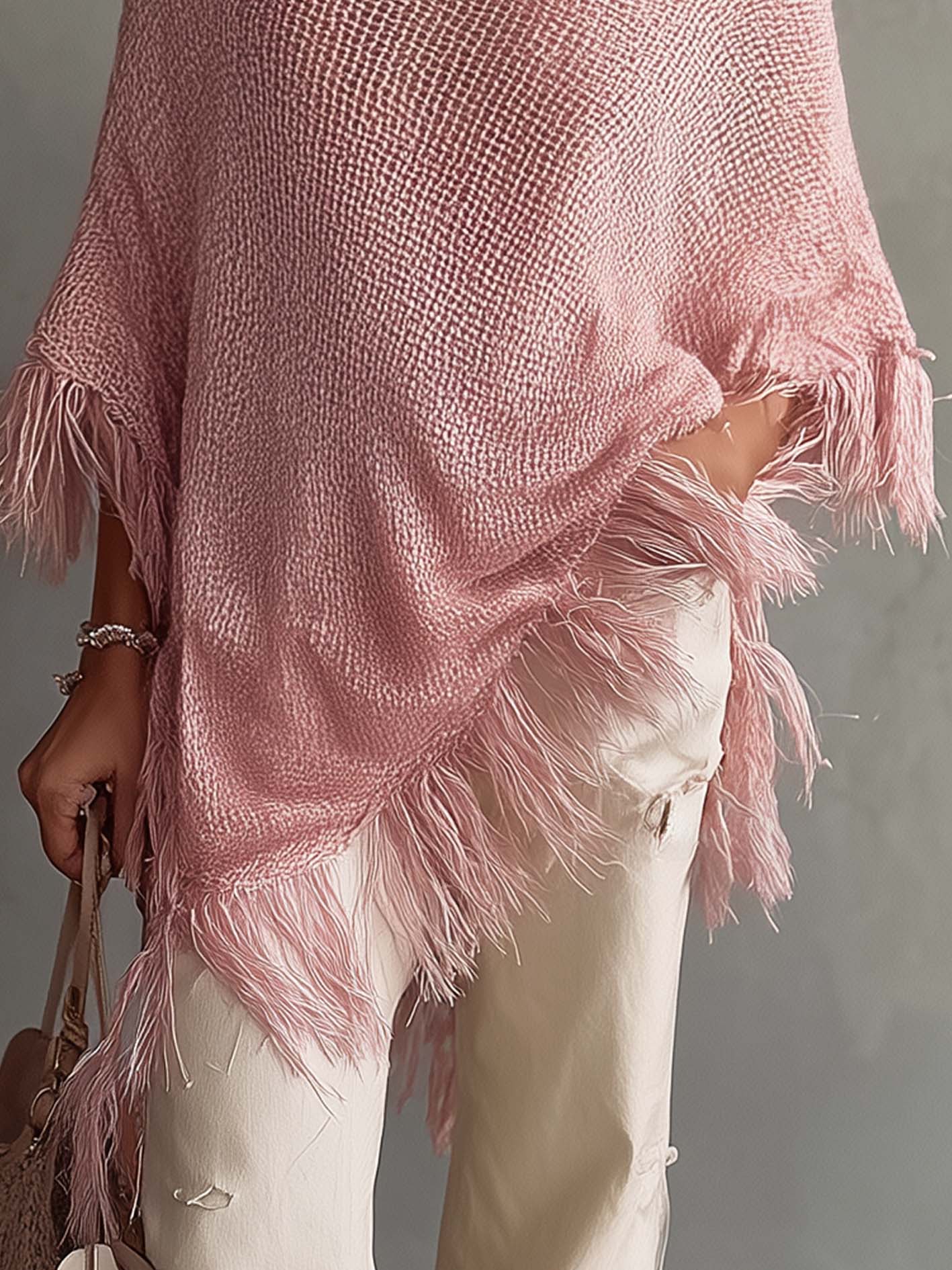 Pink One Shoulder Fringe Trim Lightweight Sweater Top