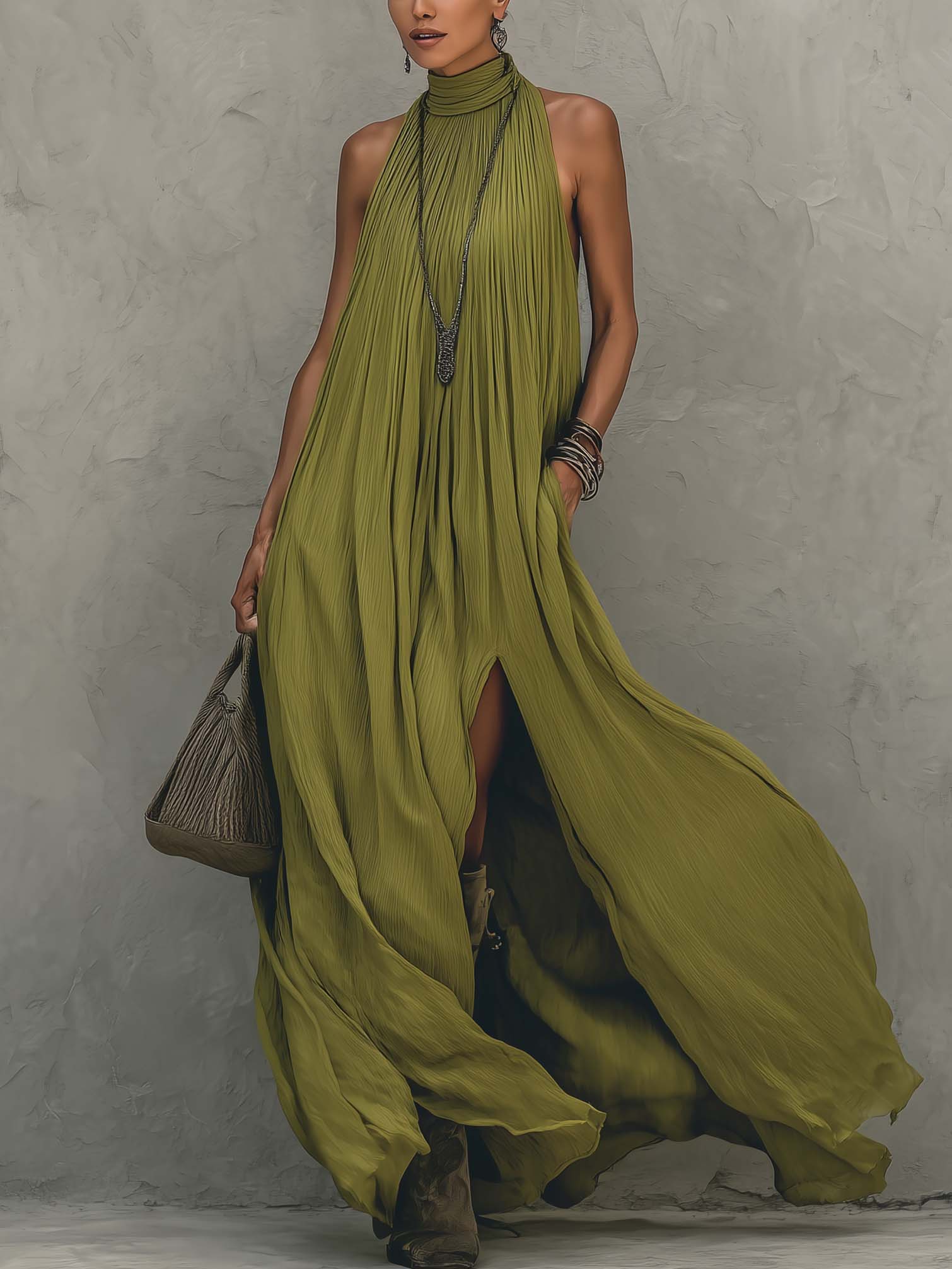 Olive Green Sleeveless Side Slit Pleated Chiffon Maxi Dress