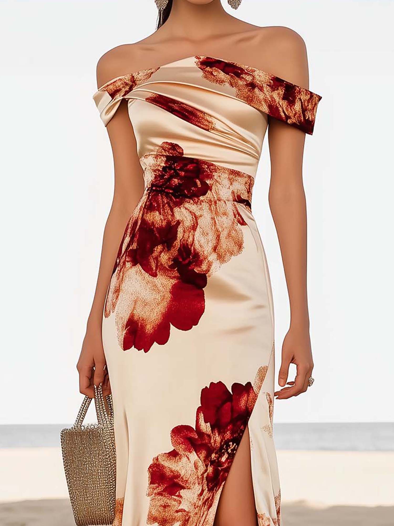 Off Shoulder Beige Satin Maxi Dress With Elegant Flowers
