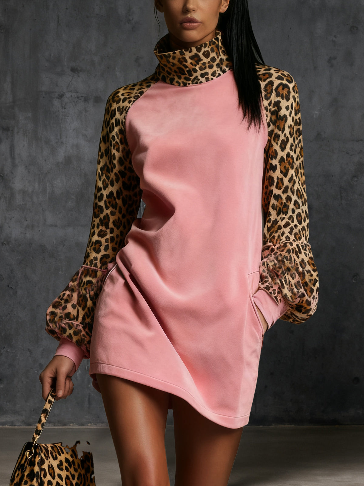 Pink Mock Neck Faux Suede Dress With Leopard Print Sleeves