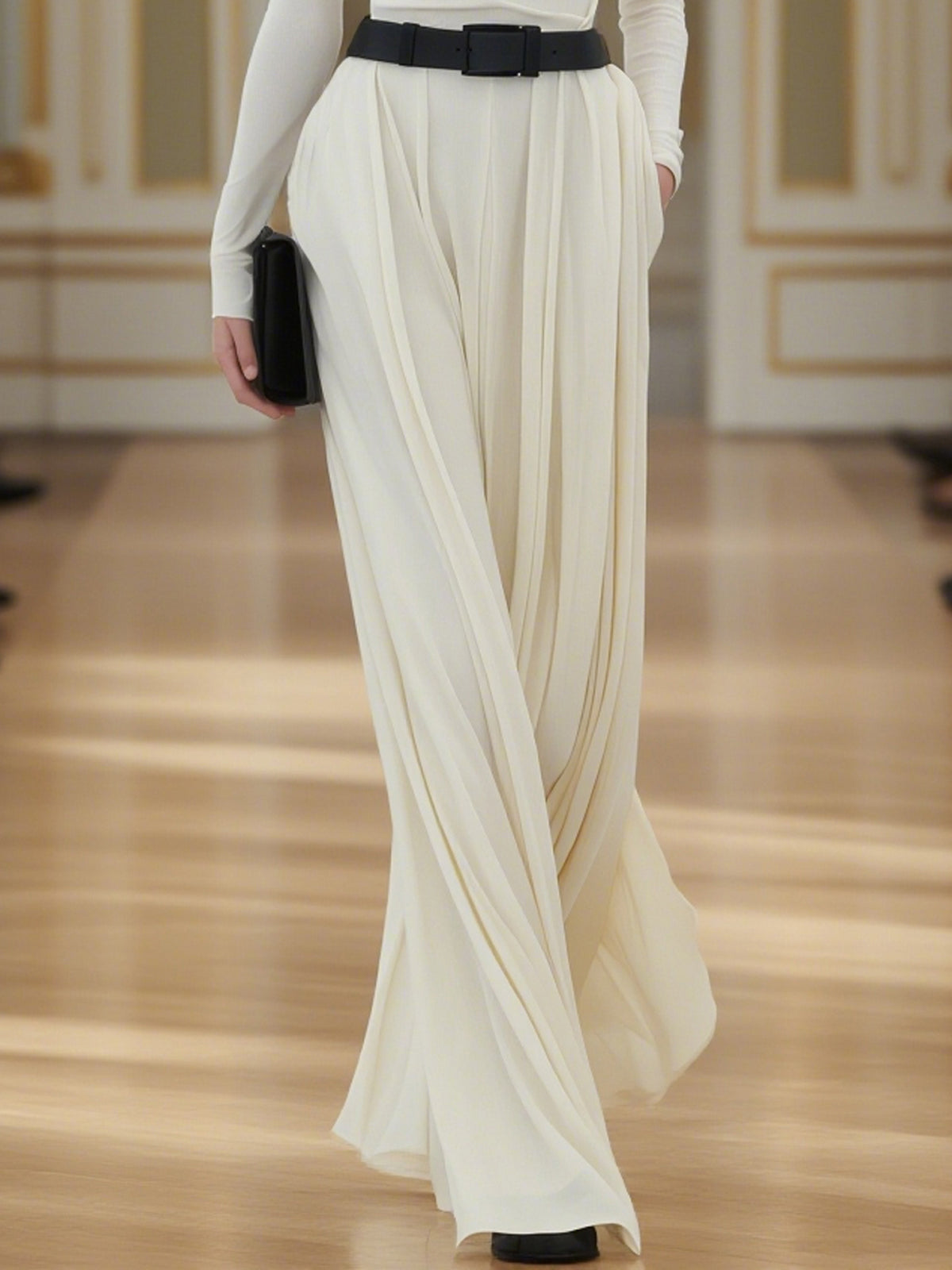 Ivory Chiffon Draped Waist Detail Draped Neck Long Sleeve Maxi Dress