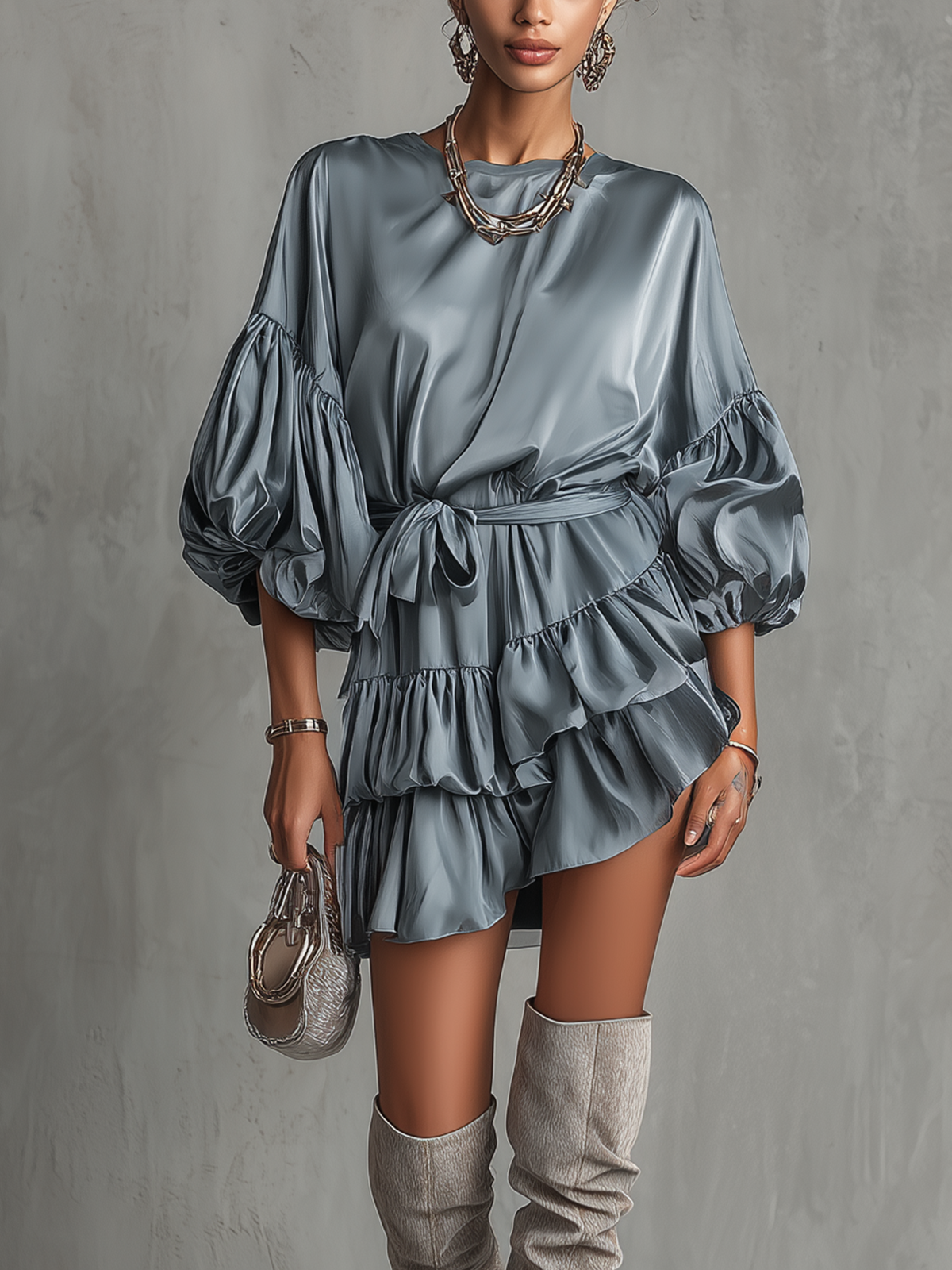 Blue Satin Ruffled Belted Balloon-Sleeve Mini Dress