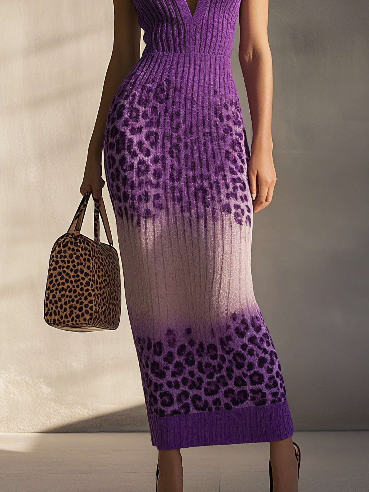 Purple Ombre Leopard Print Knit Maxi Dress With Deep V-Neck