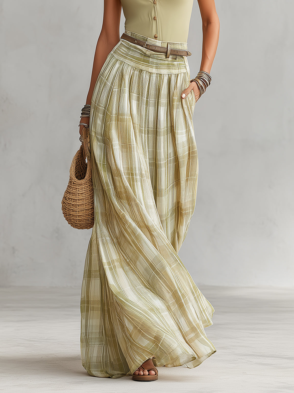 Green Button-Front Top & Plaid Pleated Maxi Skirt Set