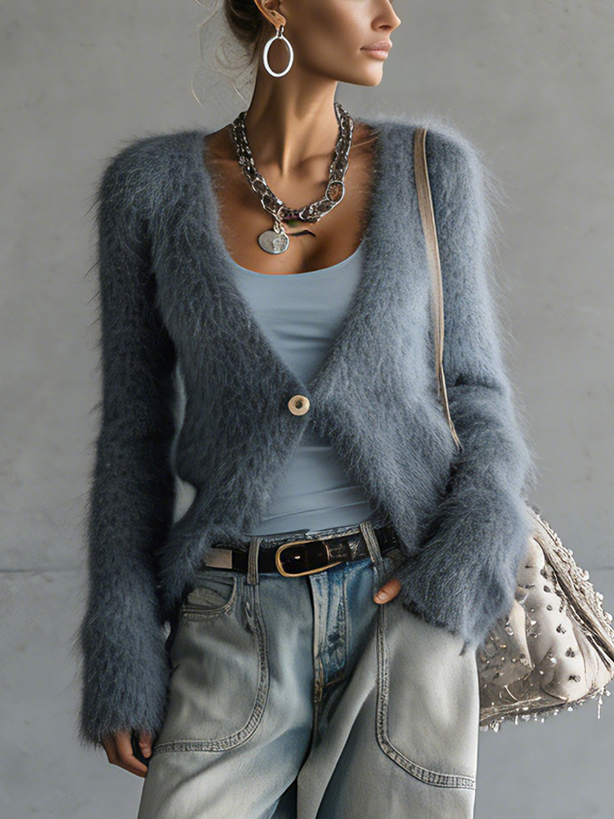 Blue Mohair Short-length Single-button V-neck Cardigan