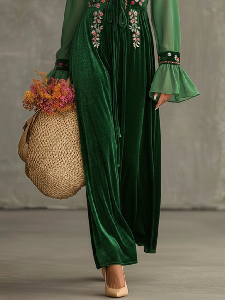 Green Velvet Embroidered Tie Front Maxi Dress With Chiffon Sleeves