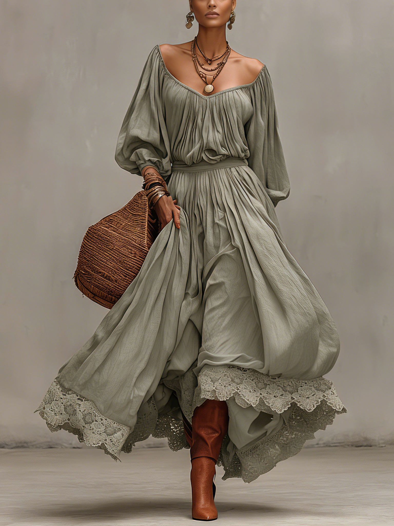 Green Deep V-Neck Linen Blend Dress With Lace Hem