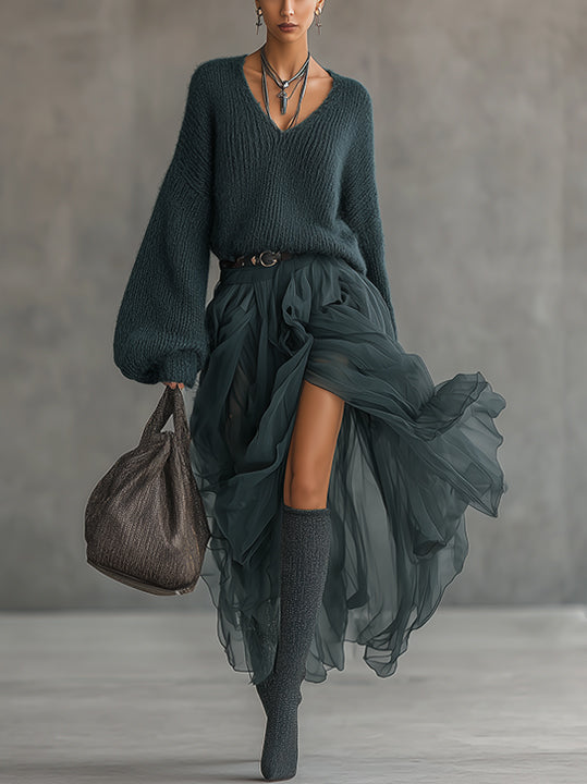 Green Knit And Chiffon Maxi Dress With Balloon Sleeves And High Slit Set