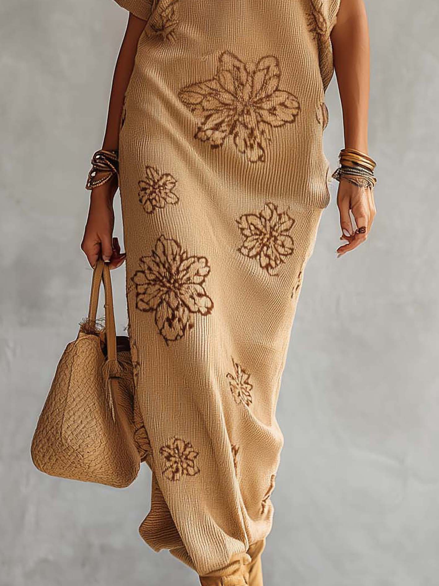 Beige Floral Knit Short Sleeve Maxi Dress