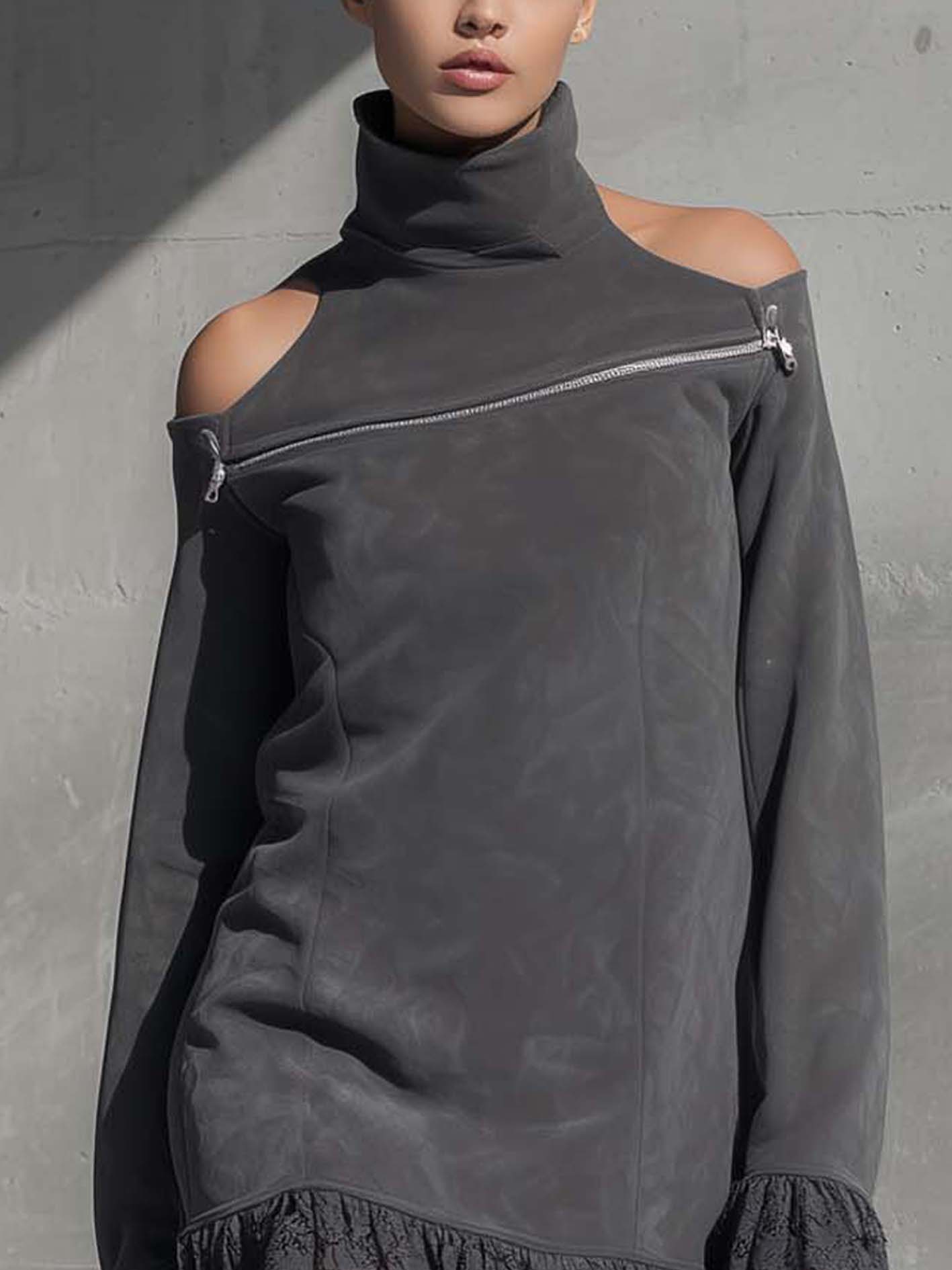 Gray Faux Suede Mini Dress With Lace And Zipper