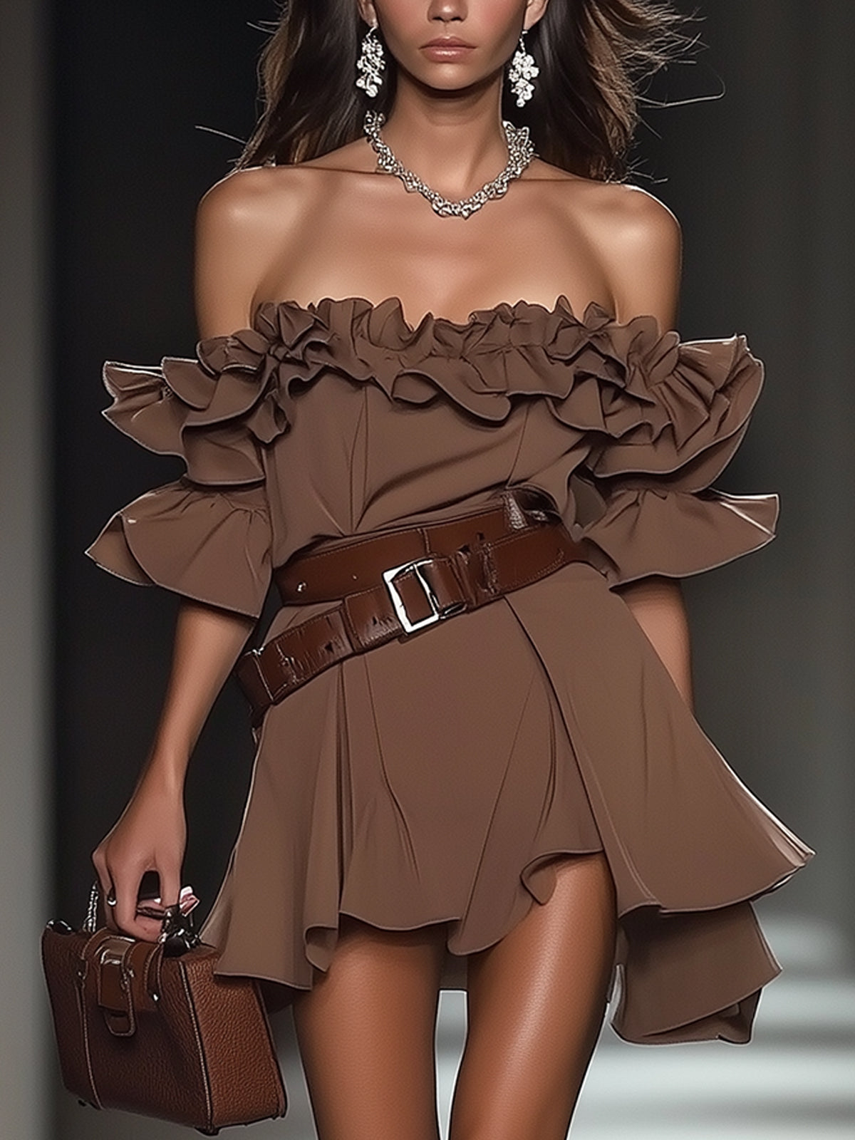 Chocolate Brown Ruffled Off Shoulder Mini Dress With Belt