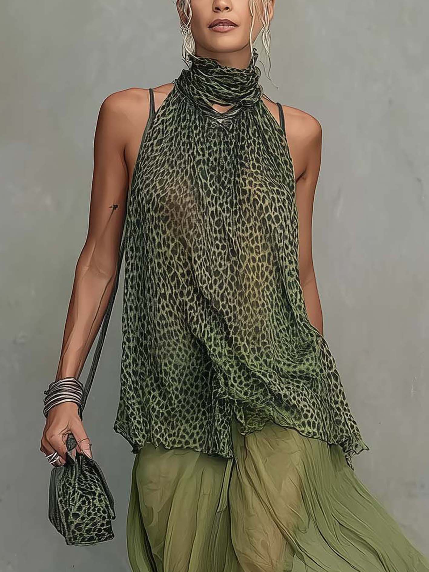 Flowy Boho Green Leopard Print Chiffon Lace Maxi Dress