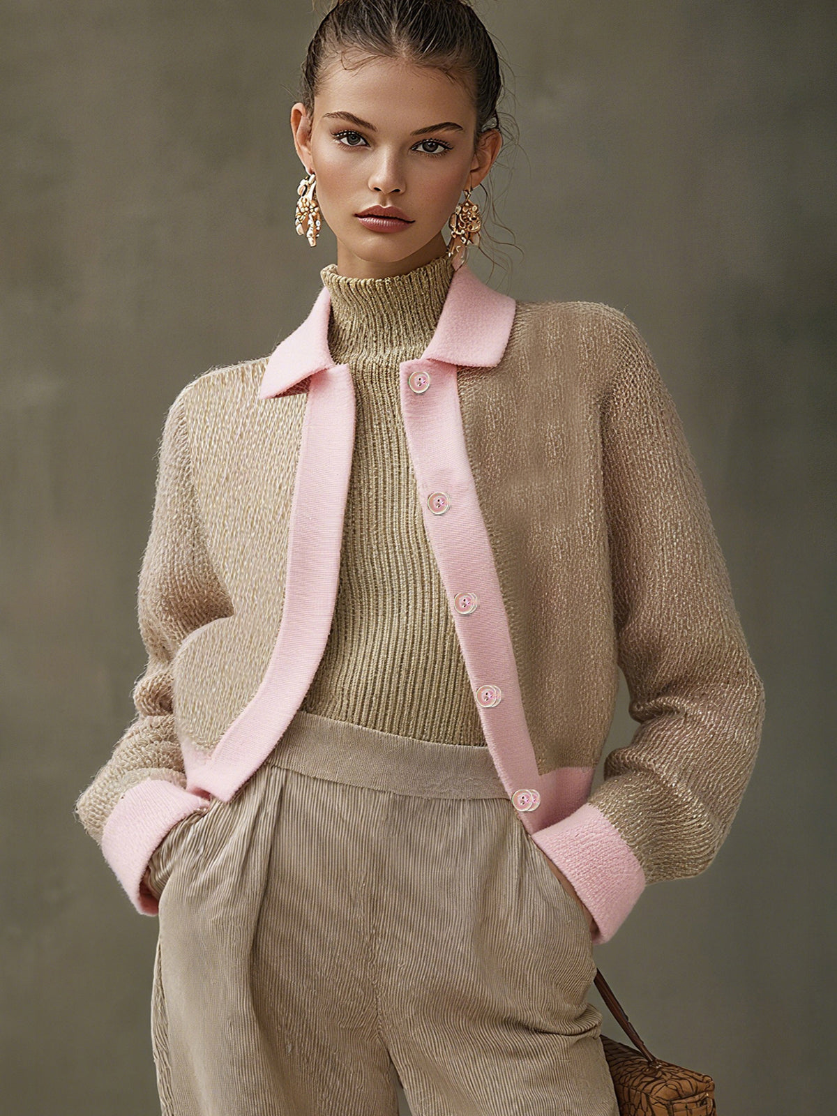 Beige And Pink Contrast Button-Up Knit Cardigan