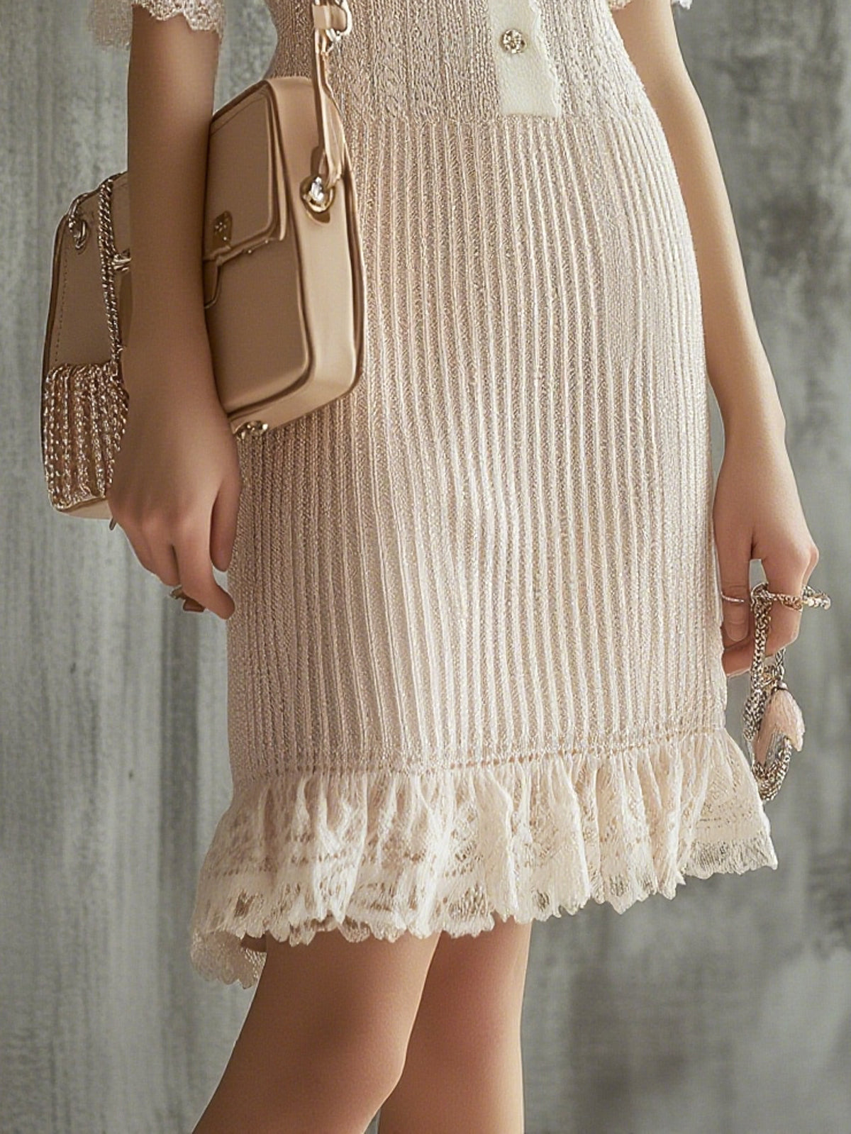 Pink Knit Lace Panel Button Front V-Neck Short Sleeve Midi Dress