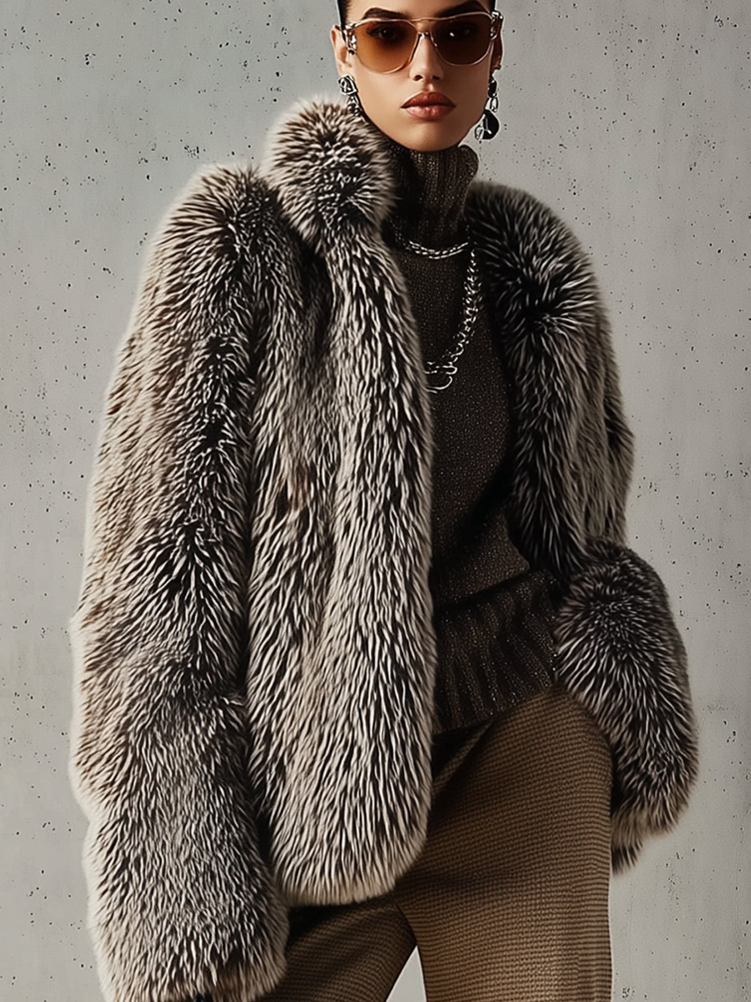 Gray Ombre Warm Eco Faux Fur Long Sleeved Coat