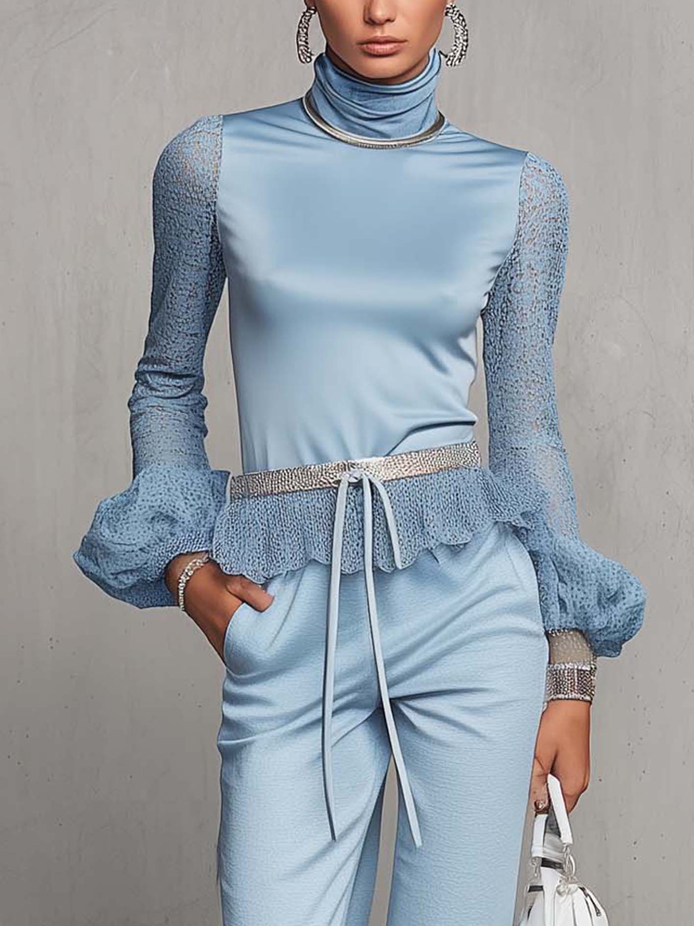 Sky Blue Satin Lace Sleeve Top And Pants Set (No Belt)