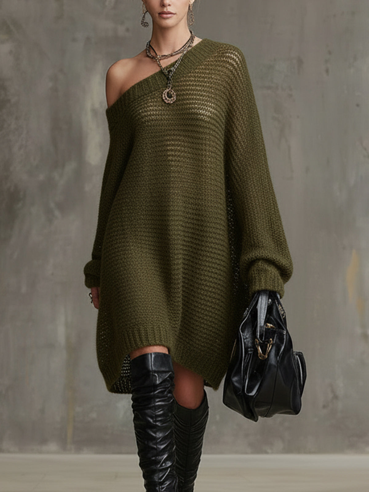 Olive Green Off-Shoulder Loose Knit Sweater Dress With Long Balloon Sleeves