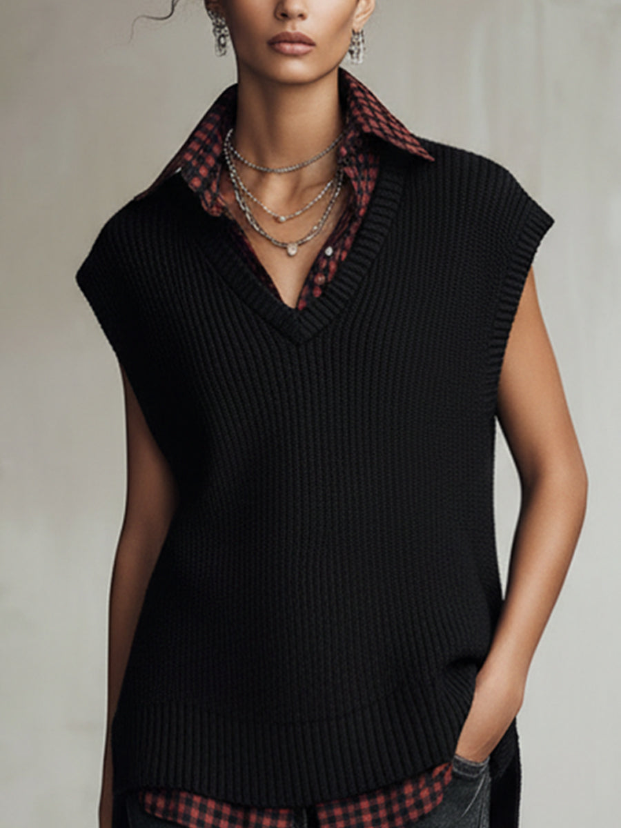 Black Sleeveless Knit And Red Plaid Layered Sweater