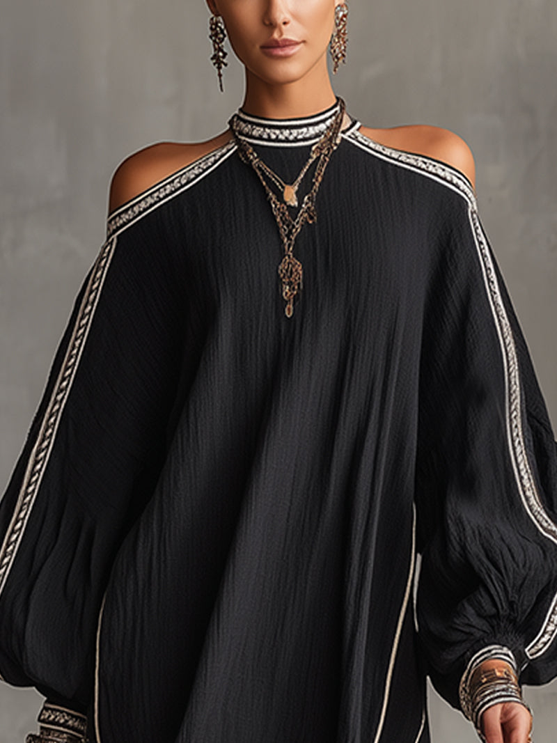 Black Boho Cold Shoulder Lantern Sleeve Linen Mini Dress