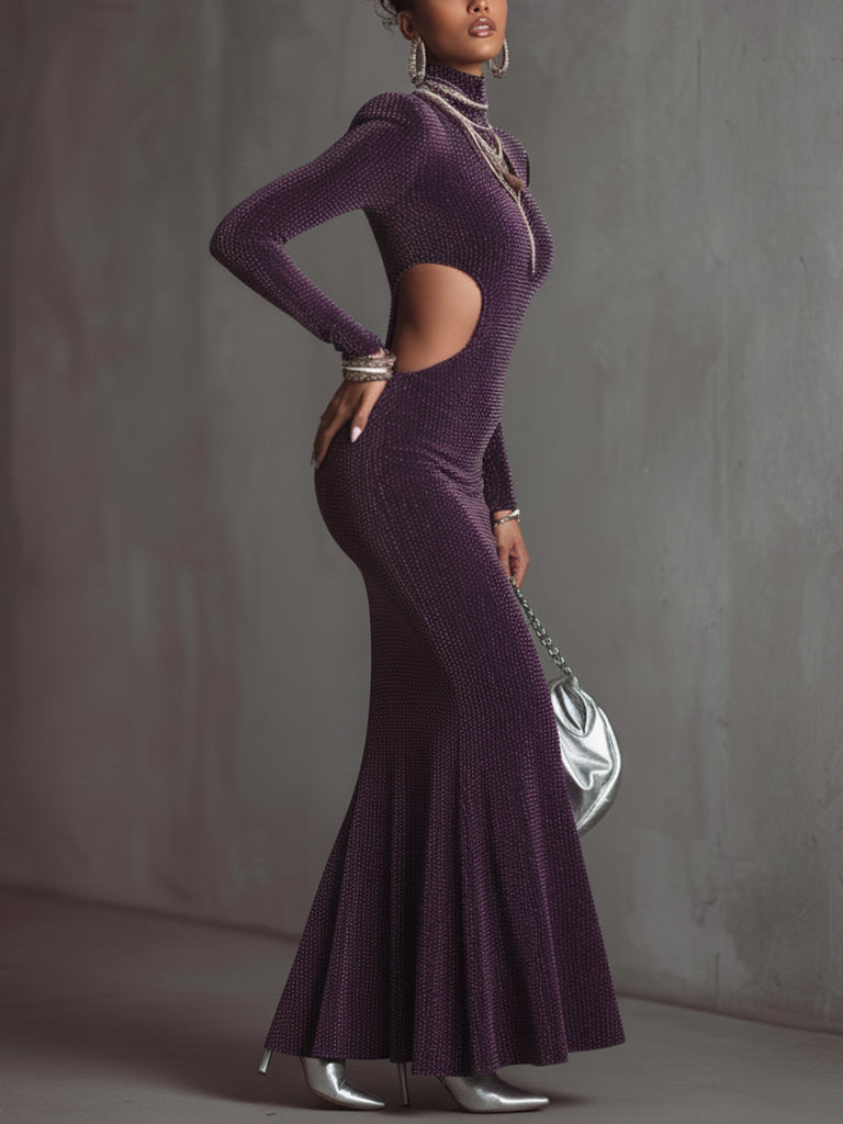 Dark Purple Sparkle Velvet Cut Out Long Sleeve Maxi Dress