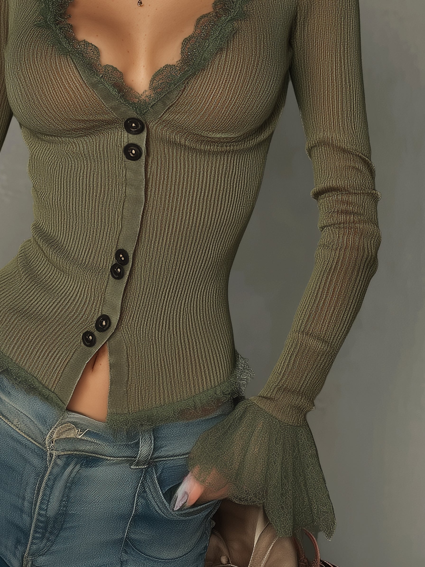 Olive Sheer Lace Knit Long Sleeve Top