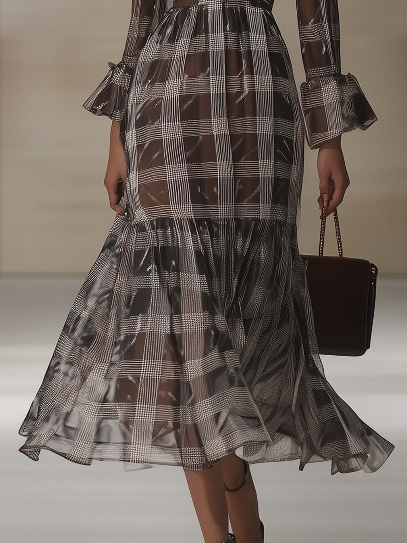 Gray Tencel Midi Dress With Plaid And Bow Tie