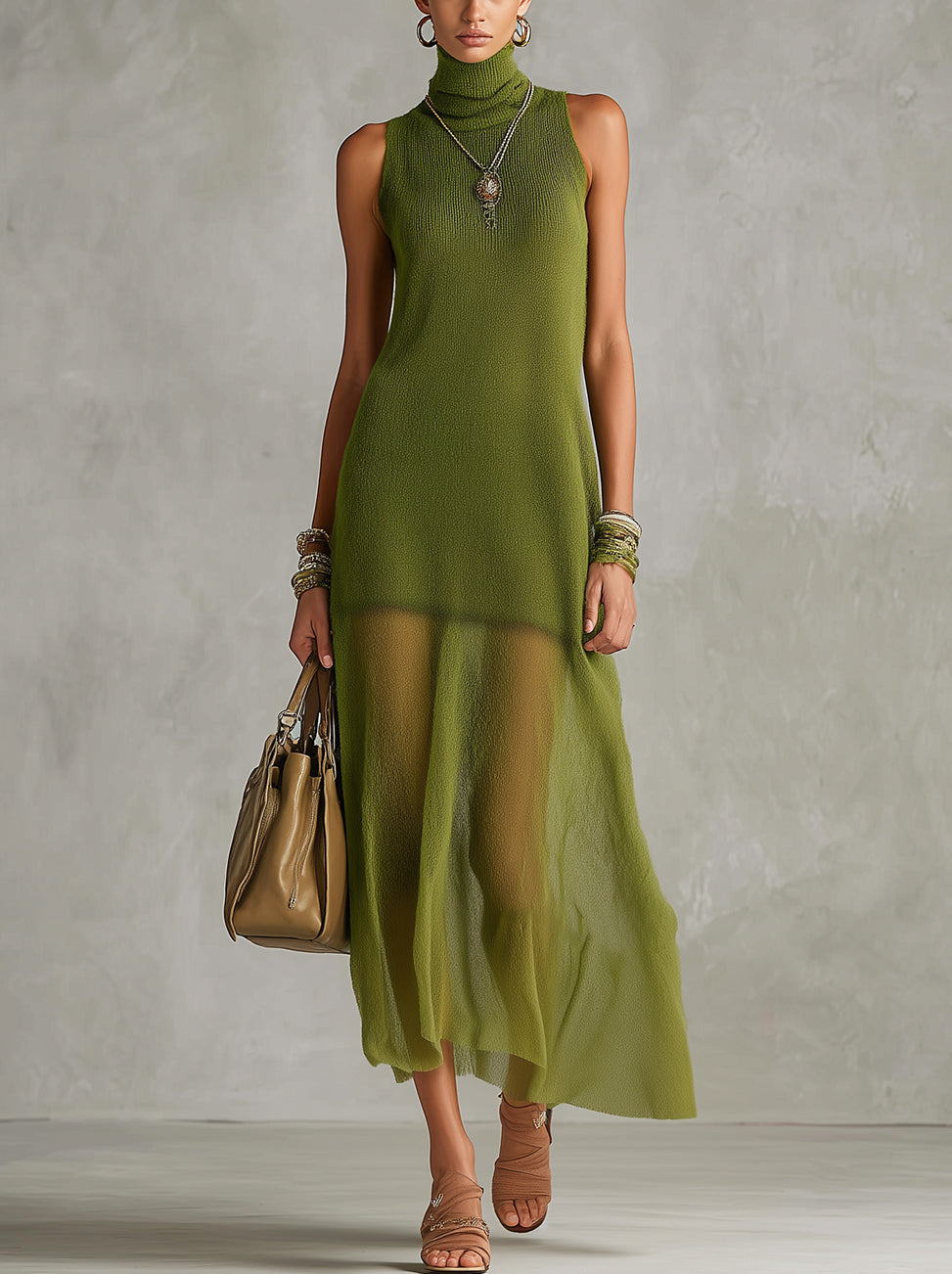 Olive Green Sheer High-Neck Sleeveless Maxi Dress