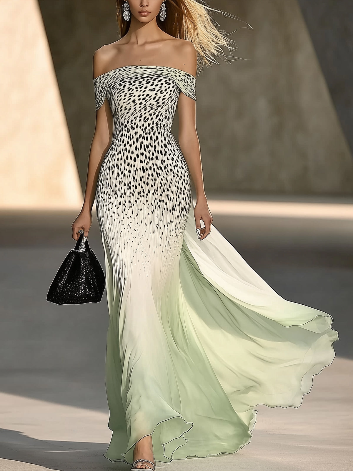 Ombre Off Shoulder Leopard Print Maxi Dress