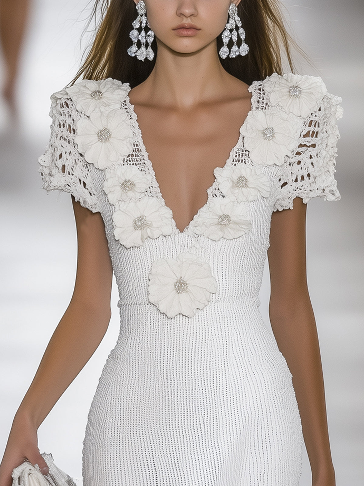 White Crochet Knit 3D Floral Deep V-Neck Short Sleeve Midi Dress