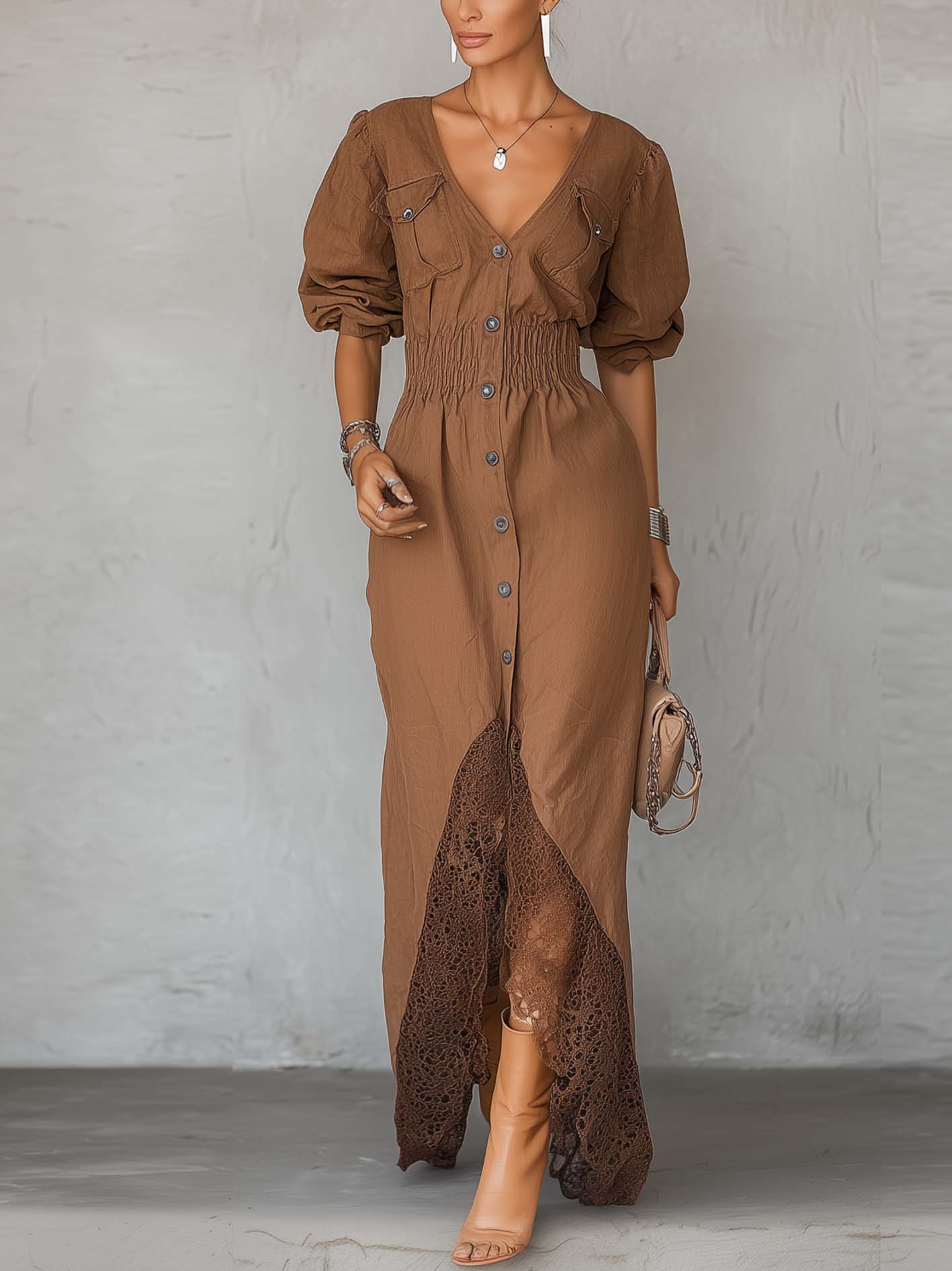 Brown Cotton Linen Maxi Dress With Lace Hem Patchwork