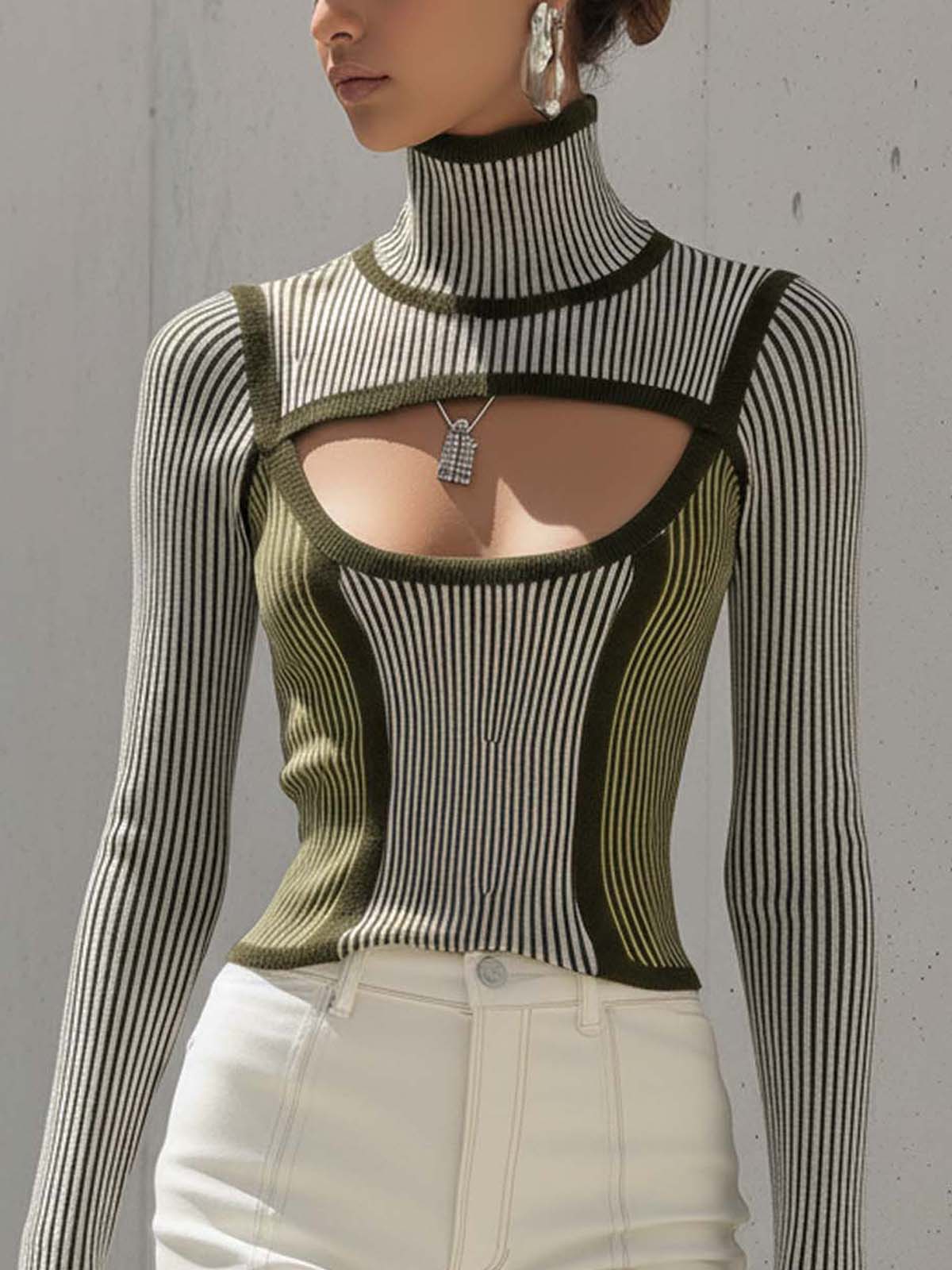 Color-blocked Knitted Openwork Turtleneck Sweater