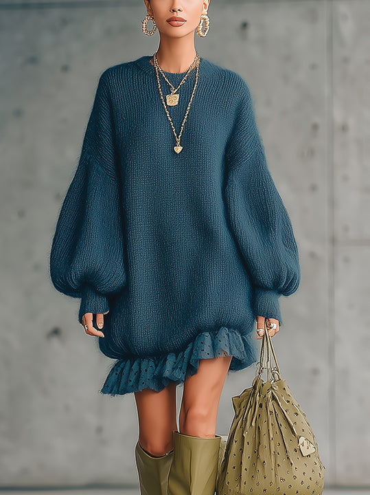 Blue Knit Mini Dress With Balloon Sleeves And Tulle Ruffle Hem
