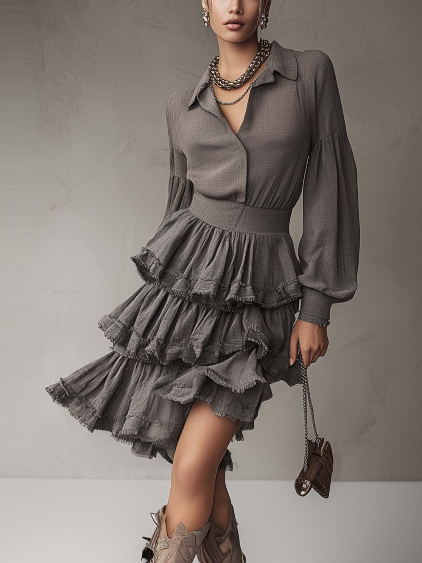 Gray Textured Fabric Ruffle Mini Dress With Lapel Collar