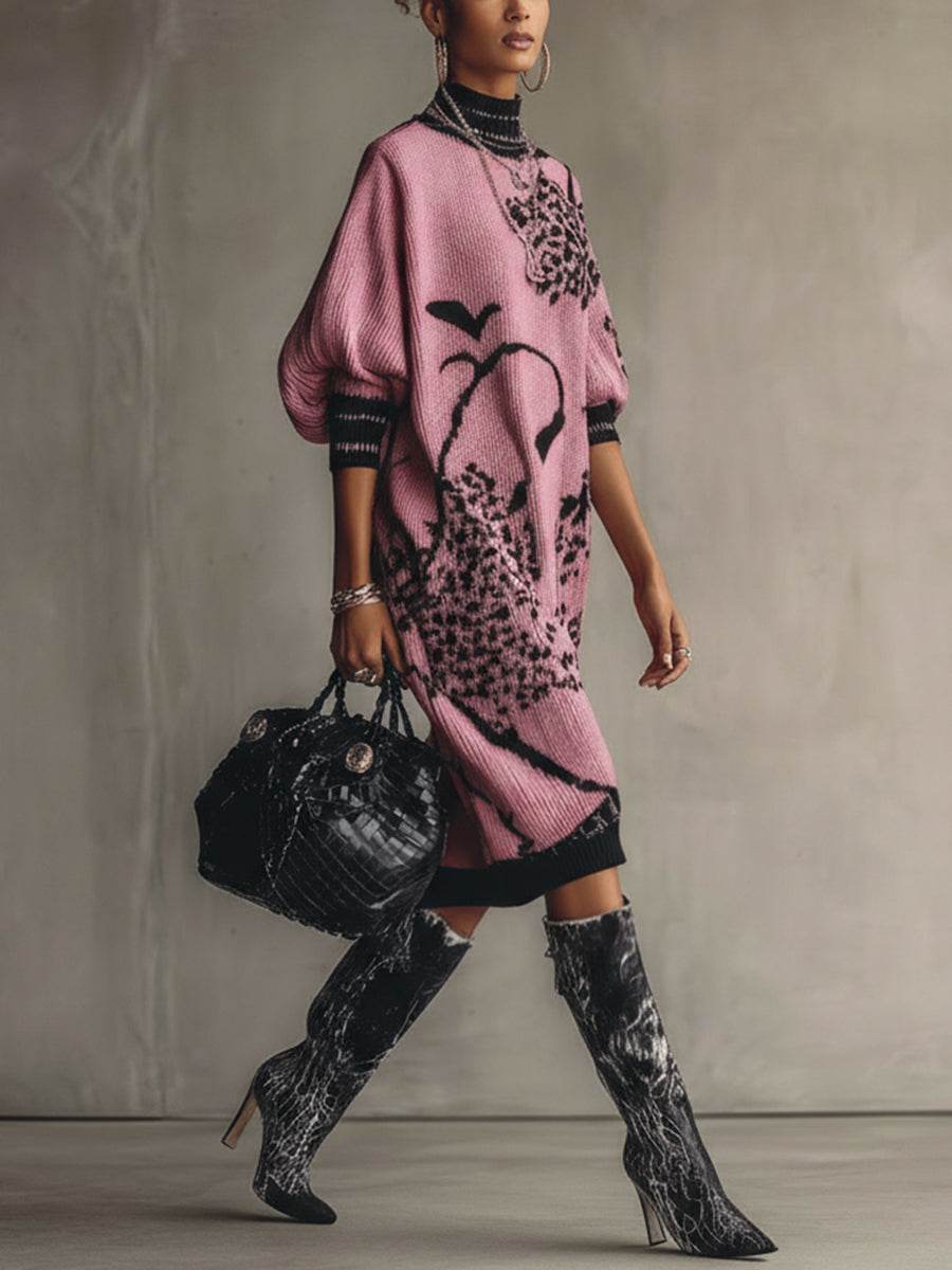 Black And Pink Knit Loose Short Sleeve Midi Dress