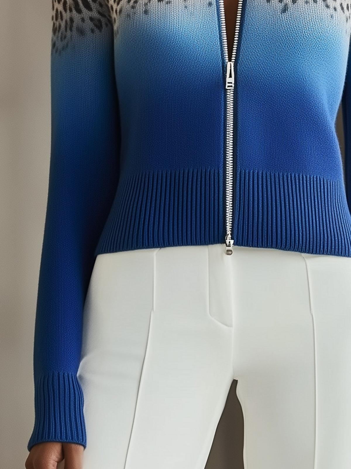 Blue Zip Up Knit Sweater With Leopard Print
