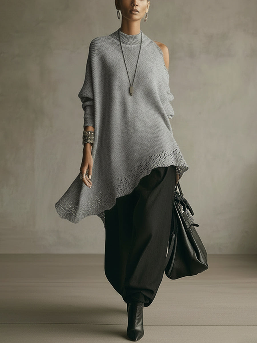 Gray Loose Knit Midi Dress With Asymmetric Hem