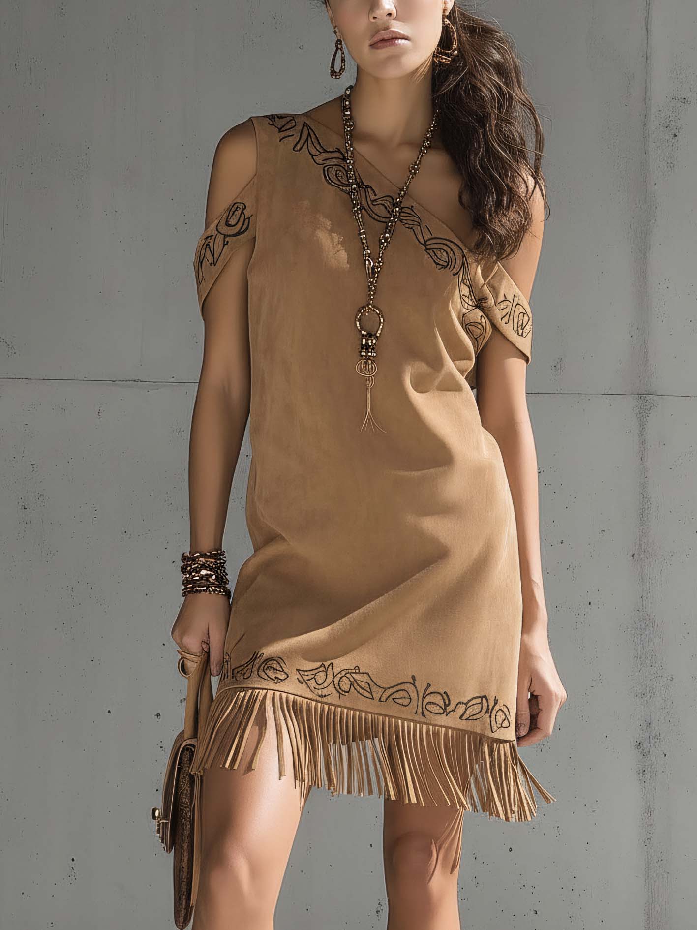 Khaki Faux Suede Mini Dress With Embroidered Details And Fringe Hem
