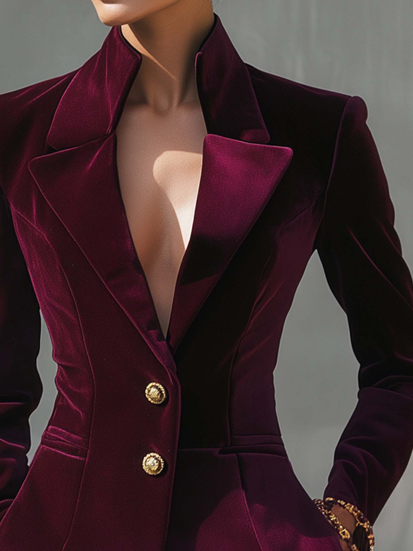Burgundy Velvet Blazer With Gold Buttons